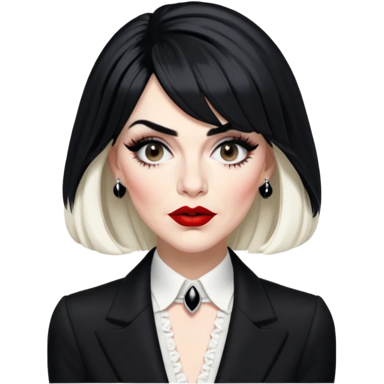 Moira Rose from Schitt's Creek with dramatic black and white outfit, bold red lips, distinctive black wig, and exaggerated expression emoji