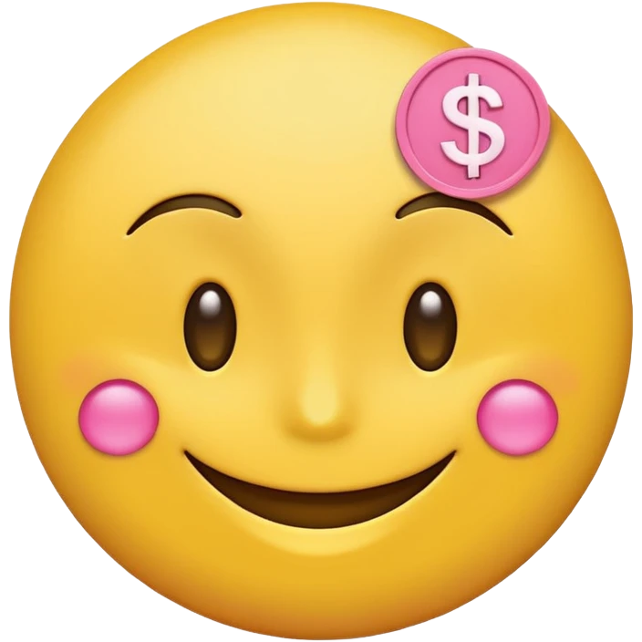 smiling yellow round emoji with pink money signs as eyes, with raised eyebrows emoji