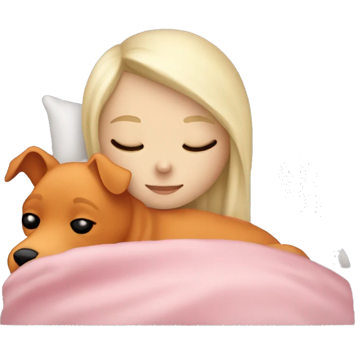White blonde girl who sleeping peacefully with his orange dog in a bed with a white pillow and a pink blanket emoji