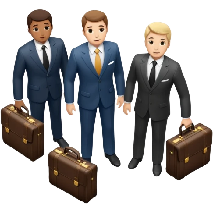 Три бизнесмена в дорогих классических костюмах стоят в замкнутом круге, вид сверху под небольшим углом. У каждого в руках чёрный кожаный чемодан, наполненный наличными деньгами.  emoji