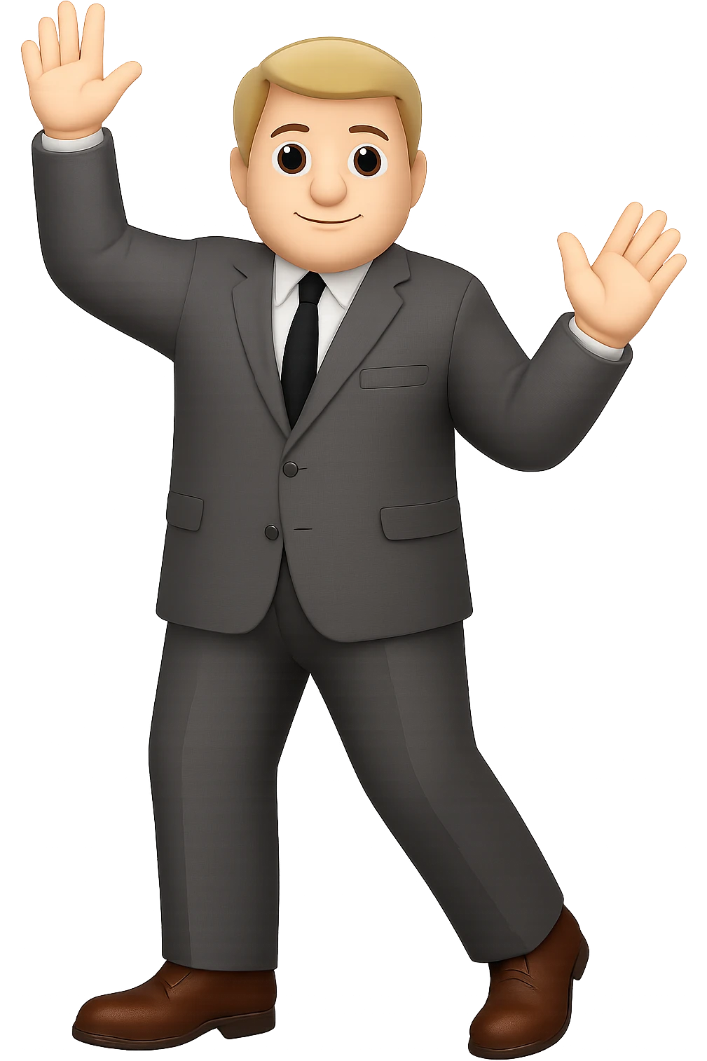 Make the white man in a business suit and shoes with one hand raised bigger framed with broader shoulders and a more robust build, keep no background. emoji