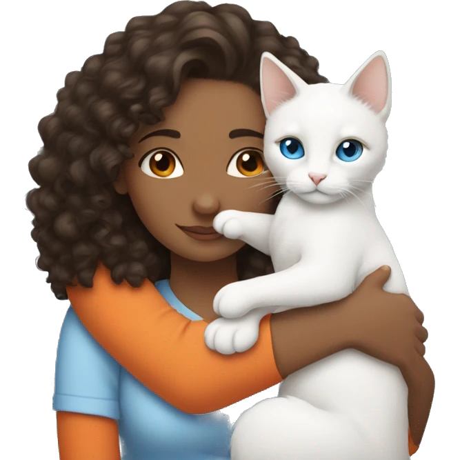 A brunette and curly hair woman hugging a white cat with blue eyes and orange ears emoji