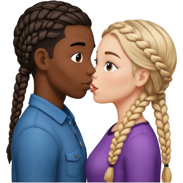 Please create a French kiss between a white girl with braids  and black boy with straight hair emoji