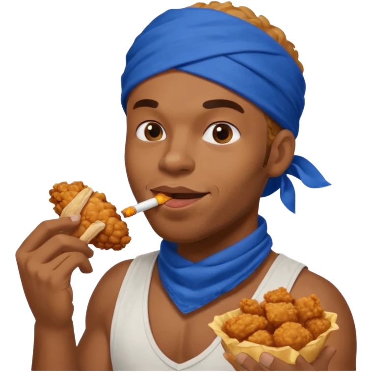 black man eating fried chicken with blue bandana and cigarette in teeth emoji