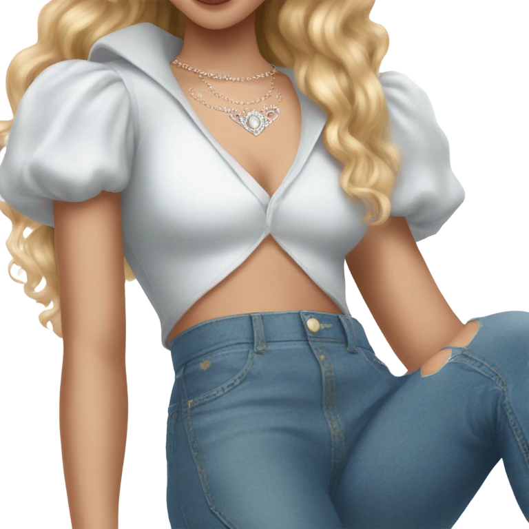 Glinda wearing a Sharkira croc top and short jeans  emoji