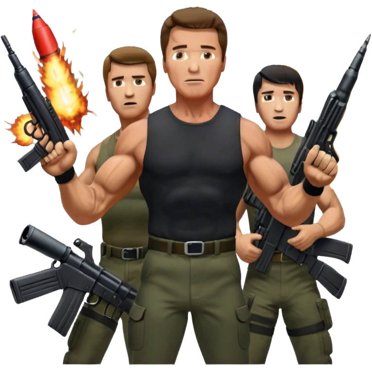 Icon for Action Movies: Close-up collage featuring Schwarzenegger in 'Commando' and  Stallone in 'Rambo', in bold poses. Background includes explosions, rockets flying, and machine guns. The style is reminiscent of a cinematic movie poster with intense, dramatic colors. Transparent background. emoji