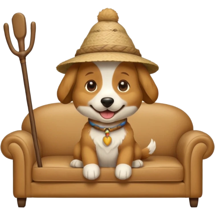 A dog that has a stick hat and a sofa shirt emoji