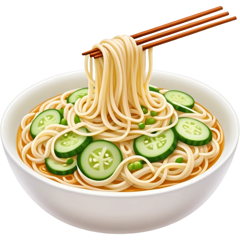 Liangpi Cold Skin Noodles with julienned cucumber and sesame sauce, simplified emoji style with bold outlines and bright colors, cartoon style Shaanxi cold appetizer emoji