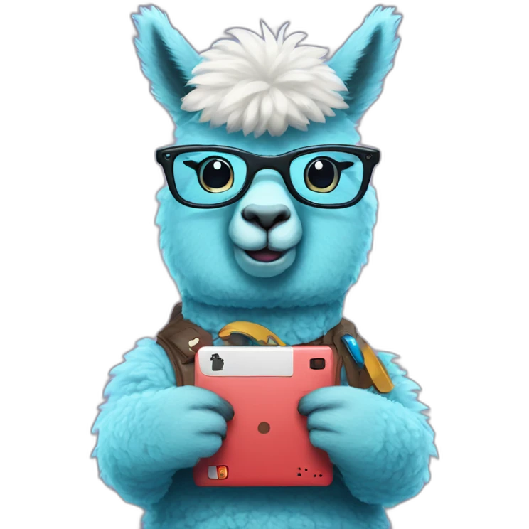 blue alpaca with and glasses holding a nintendo emoji