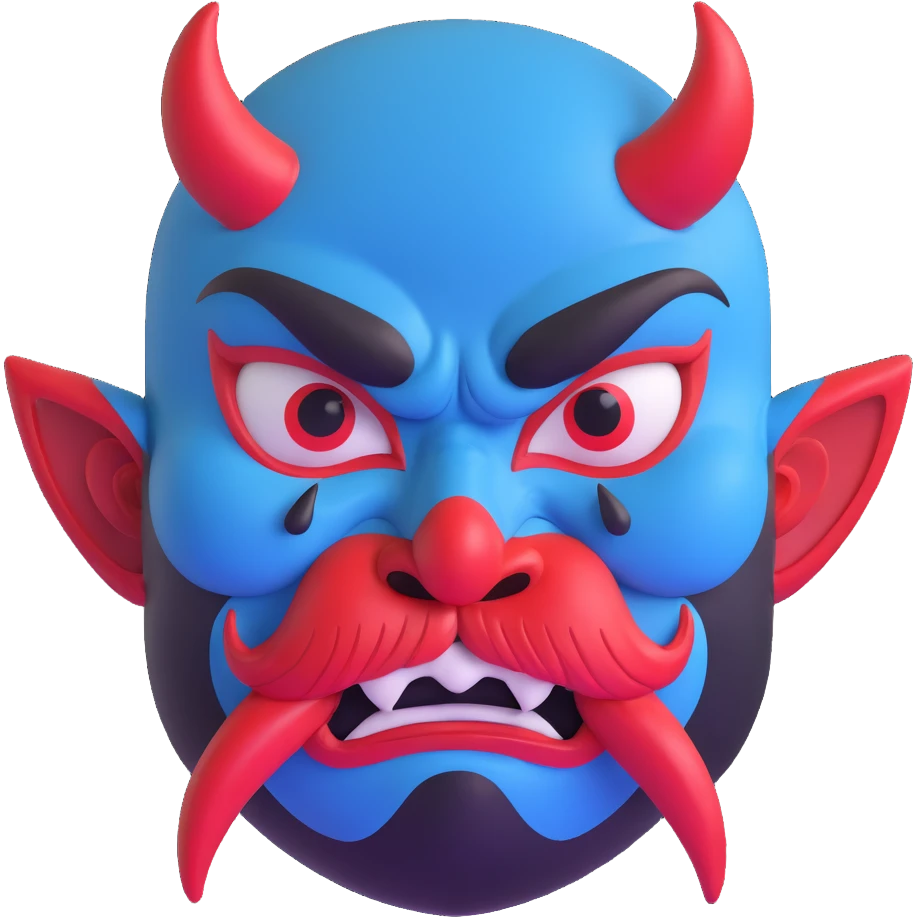Japanese Tengu demon mask with thick black eyebrows, large cartoonish angry eyes, big curved red nose, black mustache, tongue sticking out, and blue sweat droplets on forehead emoji