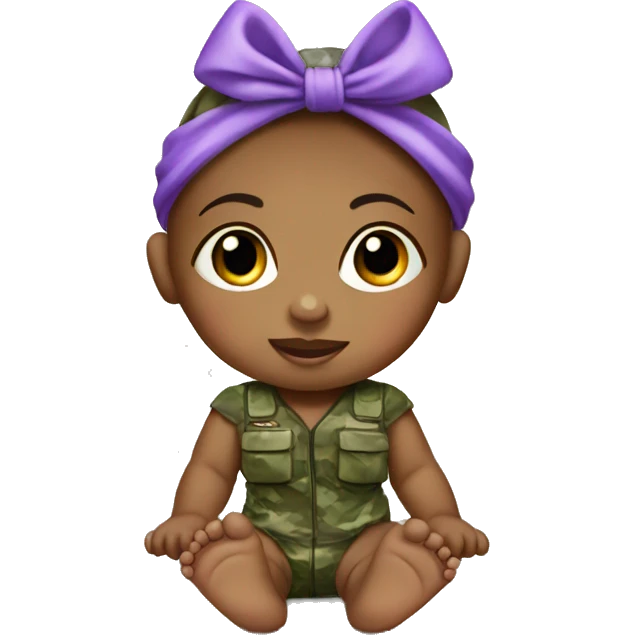 barefoot baby girl in camouflage with purple bow on head emoji