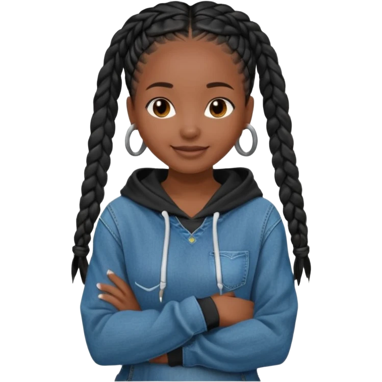 African American dark skin girl with long black box braids wearing a plain black hoodie with denim skinny jeans with arms folded across chest emoji
