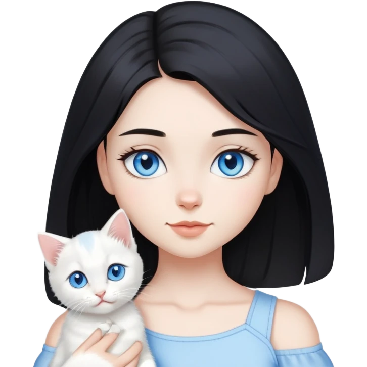 Chica con pelo negro hasta los hombros con gatito blanco con ojos celestes  emoji