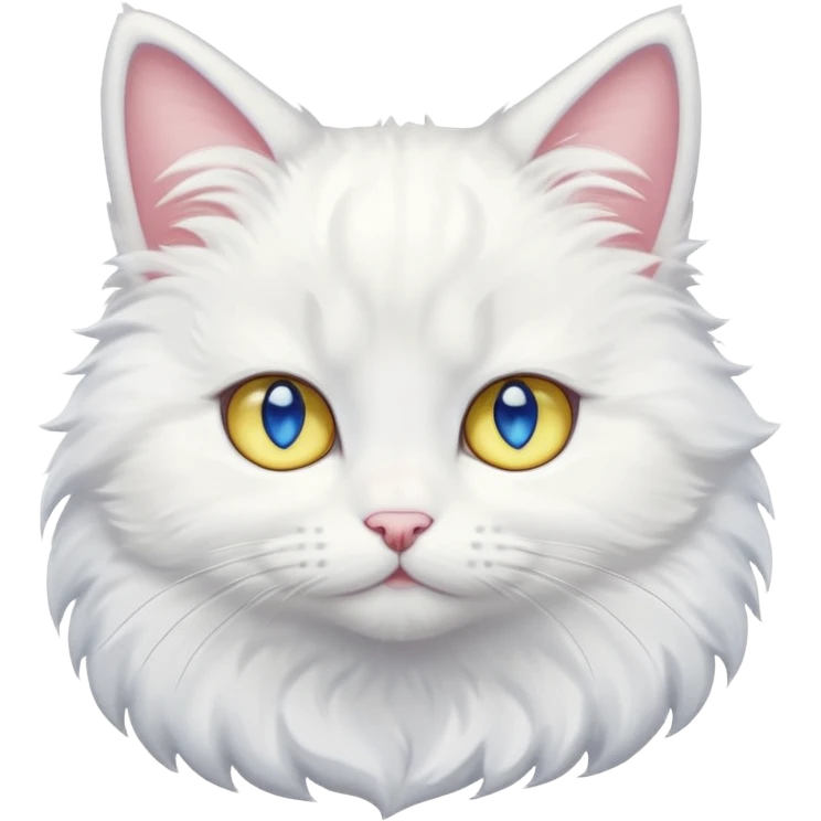 Make me a cute white fluffy cat anime style with one blue eye and one yellow eye, make the eyes big kawaii style emoji