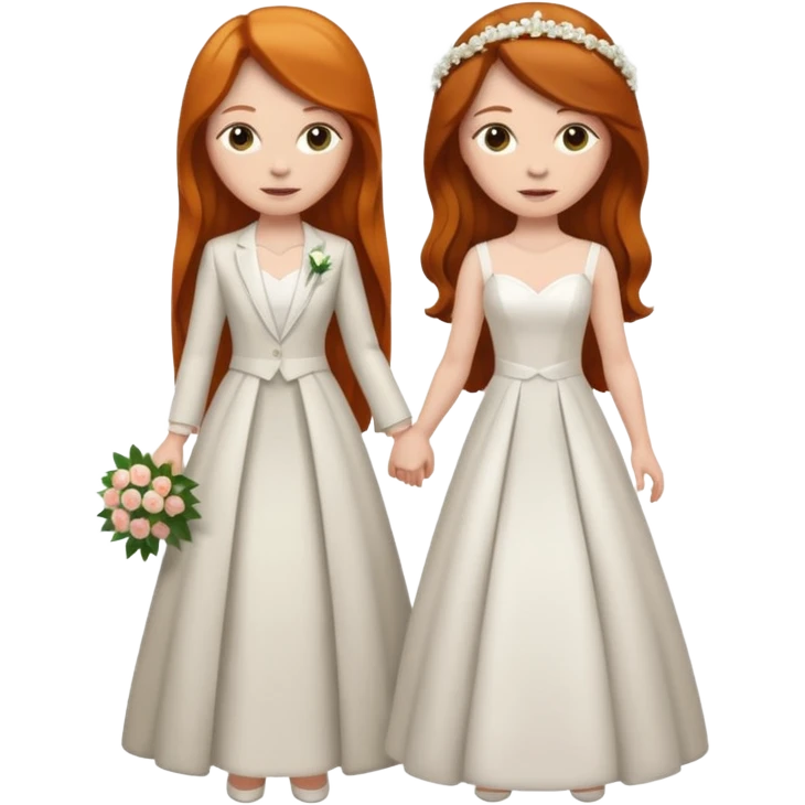 two girls getting married. one long haired ginger in a suit. one brunette in a dress emoji