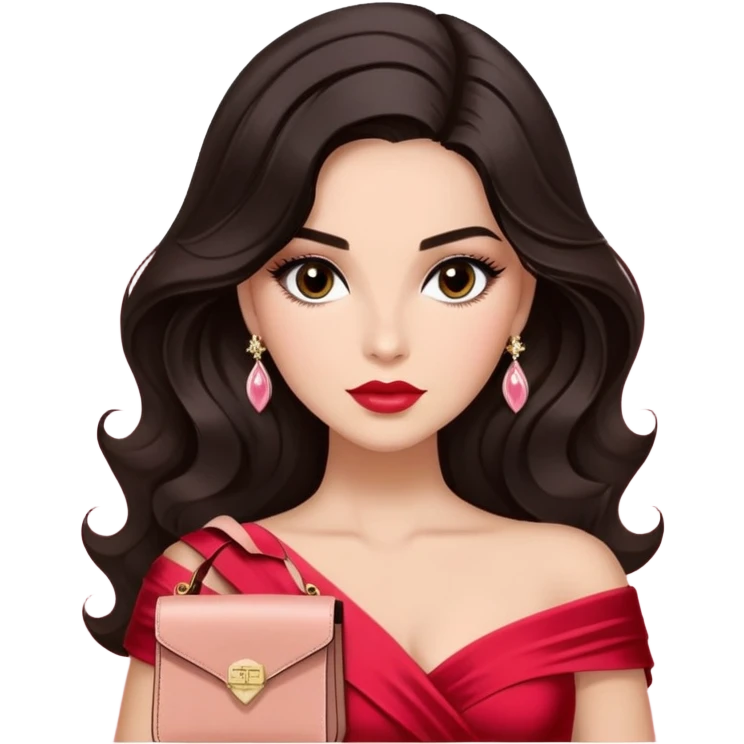A woman with slightly darker almond-toned skin, voluminous dark hair in waves, expressive eyes with soft lashes and shimmer, full lips with a glossy nude-pink color, wearing a red dress and a white crossbody sash with “Miss San Juan” in black letters, exuding elegance and confidence. emoji