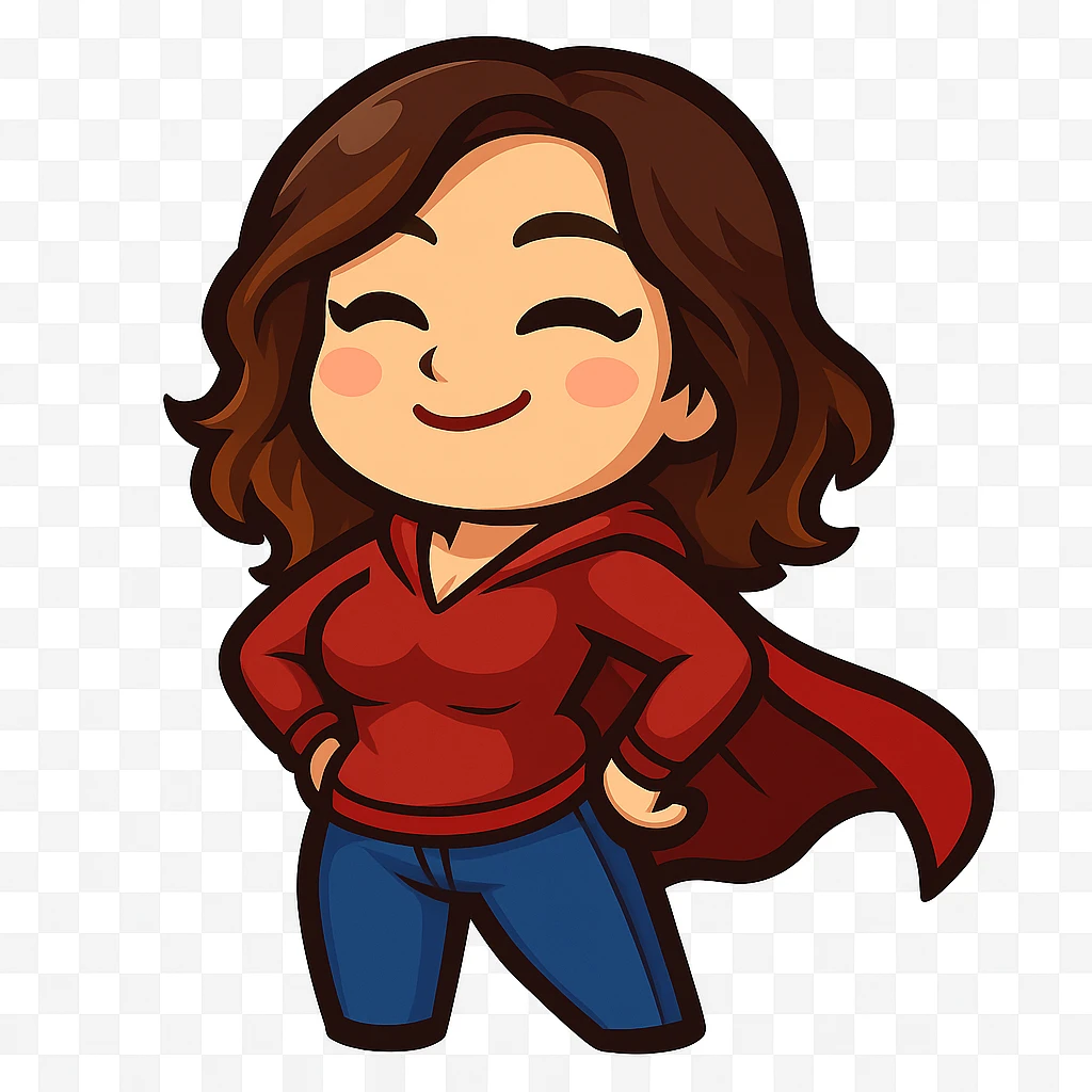 Create a chibi emote of a woman from the reference images with a slightly skinnier body and bigger chest, wearing a red hoodie and blue jeans, superhero cape pose, cute heroic face, no headband, no wand, no green heart, transparent background, and top color not matching jeans, matching the attached green heart emote as a base style. emoji