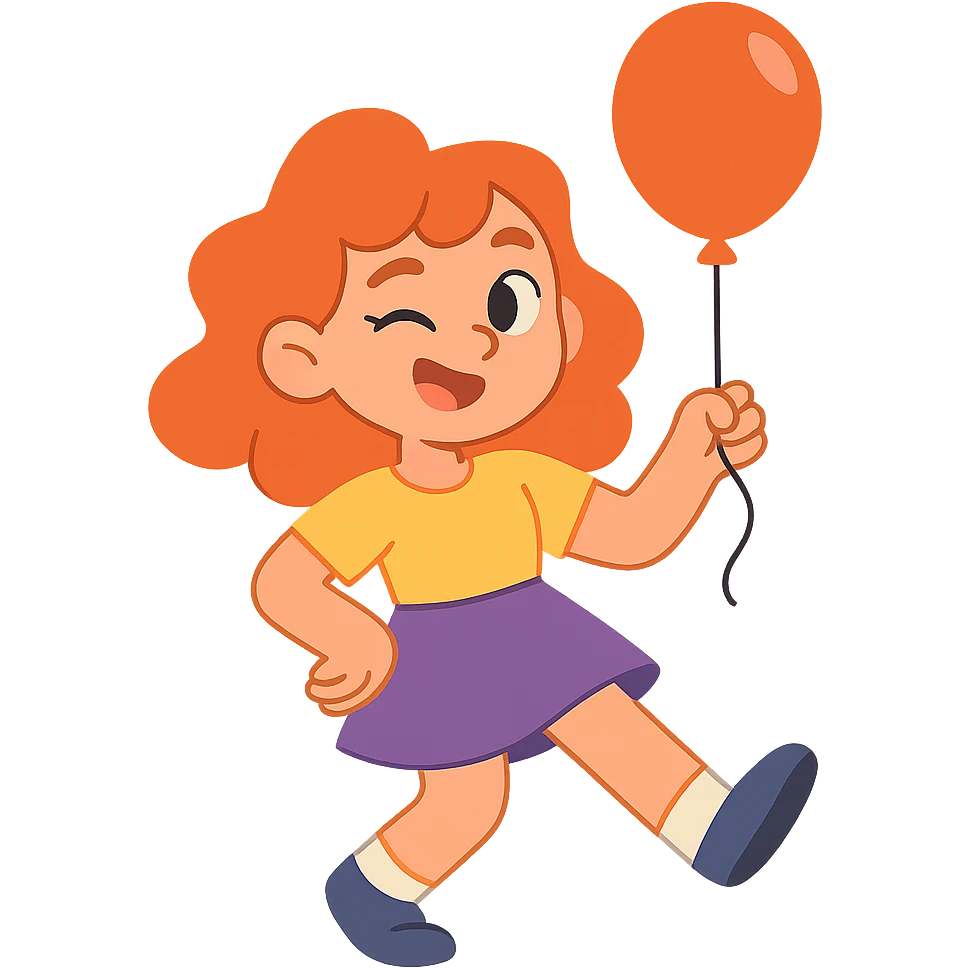 red-haired girl in a playful pose, winking and holding a balloon emoji