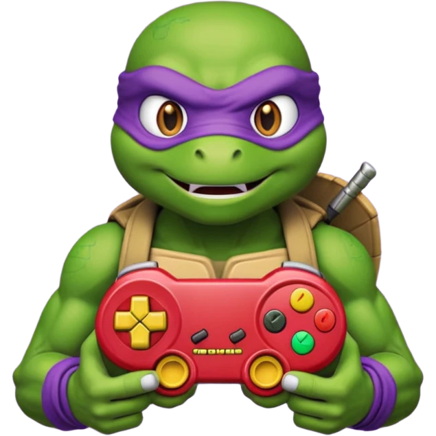 Donatello from Teenage Mutant Ninja Turtles, emoji style, playing a retro video game with a joystick emoji