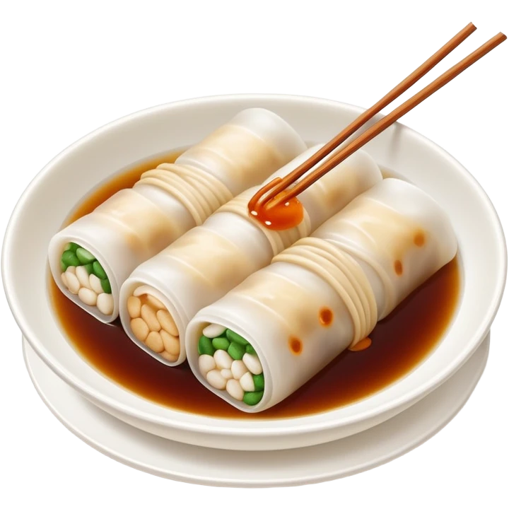 Guangzhou rice noodle roll Cheung Fun with soy sauce, simplified emoji style with bold outlines and bright colors, cartoon style dim sum specialty emoji