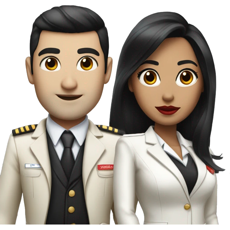 Flight attendant with long black hair, red lips and white skin with a pilot man with beige skin and black hair emoji
