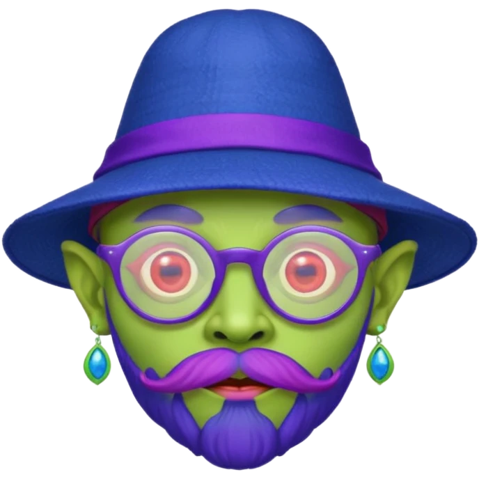 green alien with red glasses and blue hat and purple beard and earrings emoji