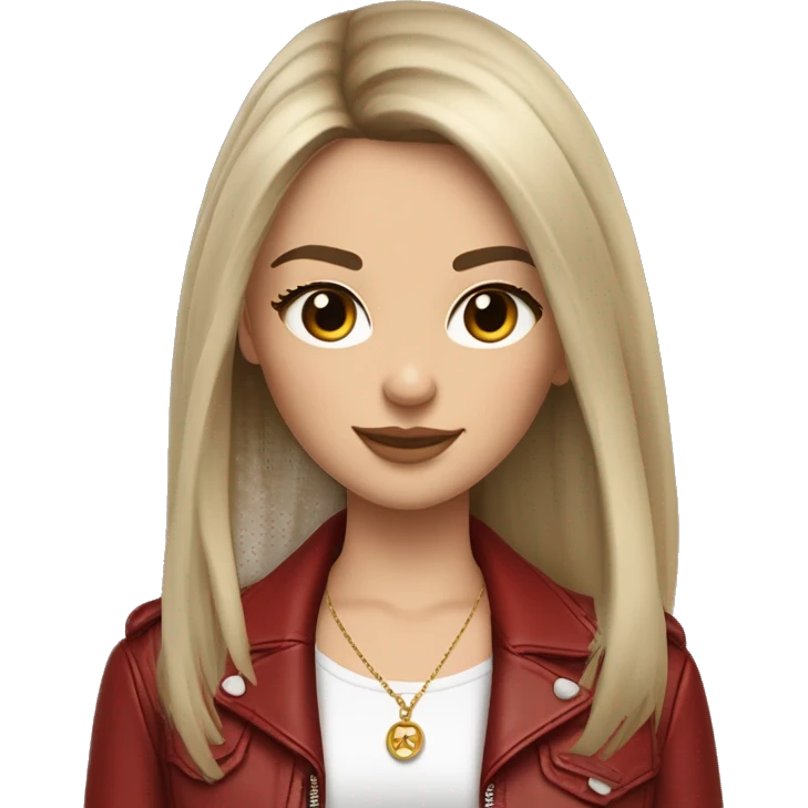 dark brunette girl semi pale skin and pretty eyelashes and medium thin brows, light brown eyes. silky long hair with long fringe hair parted down the middle, blush slightly, girl wearing a pretty necklace with, girl a red leather oversized leather jacket  emoji