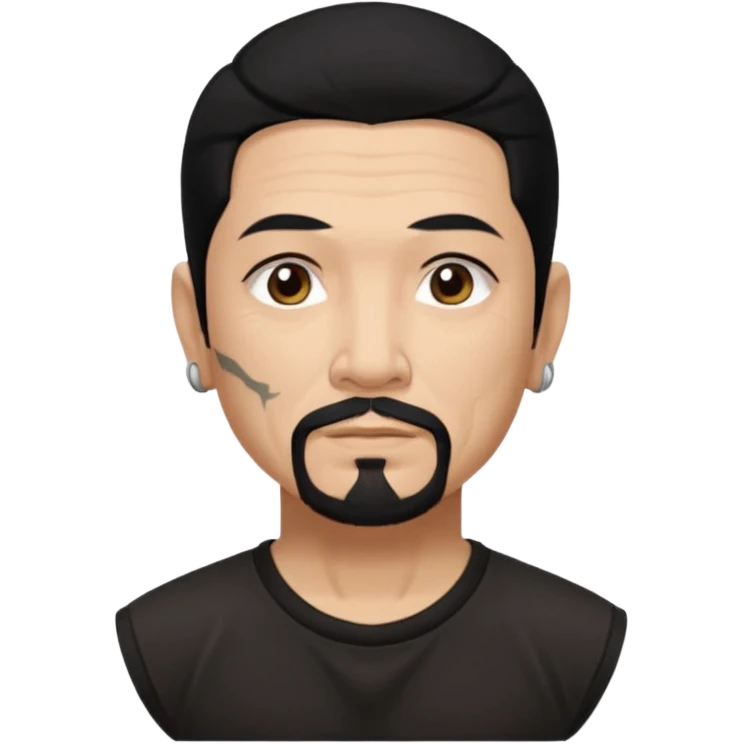 Older Spanish male. Asian eyes. High angled eyebrows. Chin strap goatee.
Untucked, loose fitting black t-shirt. 
long black hair.
Even More tattoos. 
Peaceful emoji