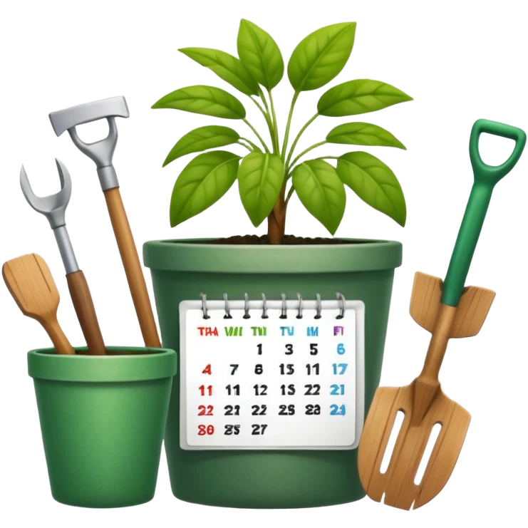 calendar icon with garden tools near and plant. Transparent background emoji