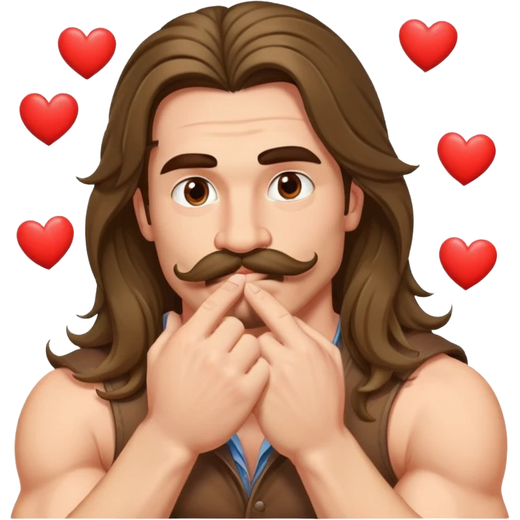 super jacked guy with long hair and a mustache, kissing his hand, there is hearts all around his head emoji