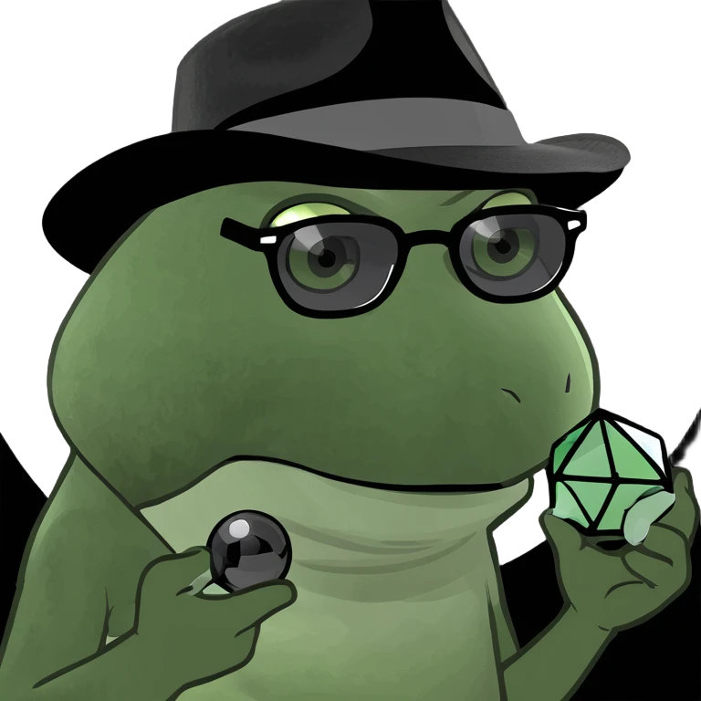 bufo with sharp, angular triangular black frame with dark grey smoked lenses, with a mini full dark powerful orb in his hand emoji