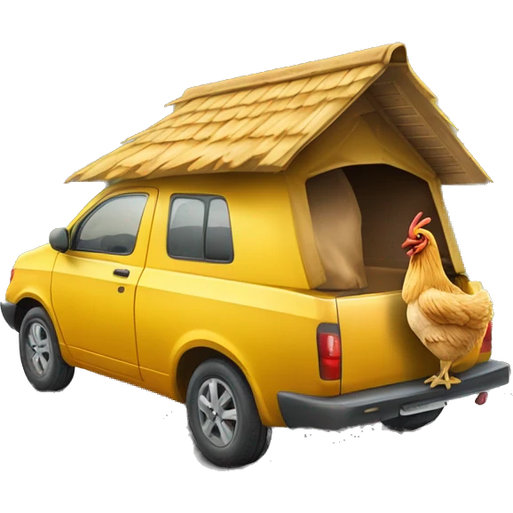 Ein Huhn mit einem Hut auf dem Dach eines Autos  emoji