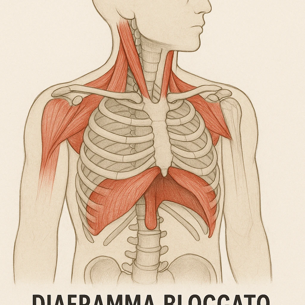 illustrazione con focus sul diaframma bloccato, muscoli del collo e scapole in secondo piano ma evidenziati, didascalia in italiano emoji