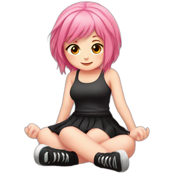 Full body Front view curvy emo girl pink hair sits on the floor straight view hands up black skirt полосатые рваные чулки emoji