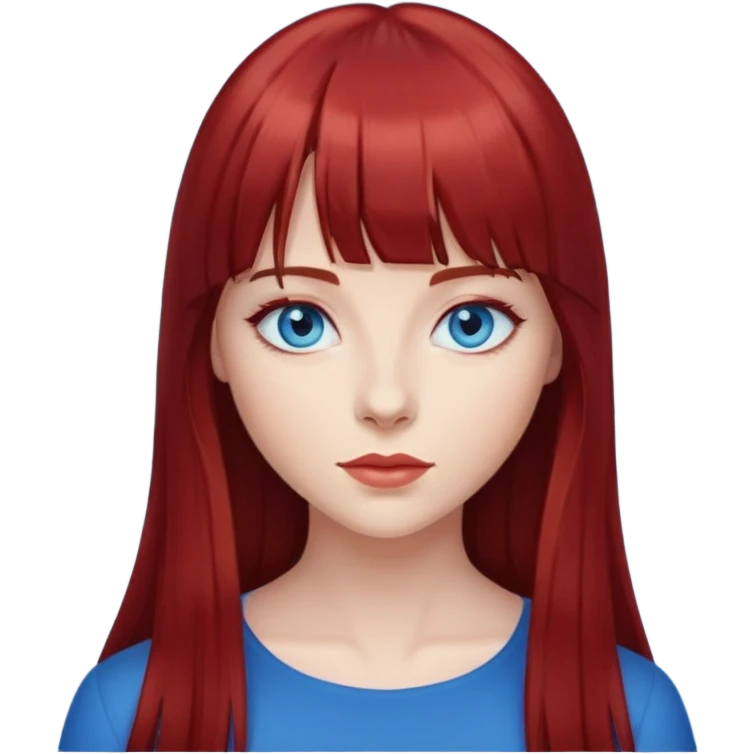 Mulher de cabelo liso longo vermelho escuro com franja e olhos azuis emoji