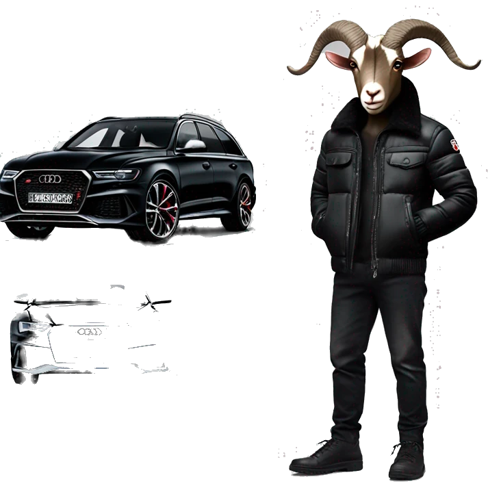 Cool goat in black Moncler jacket driving black Audi RS6 emoji