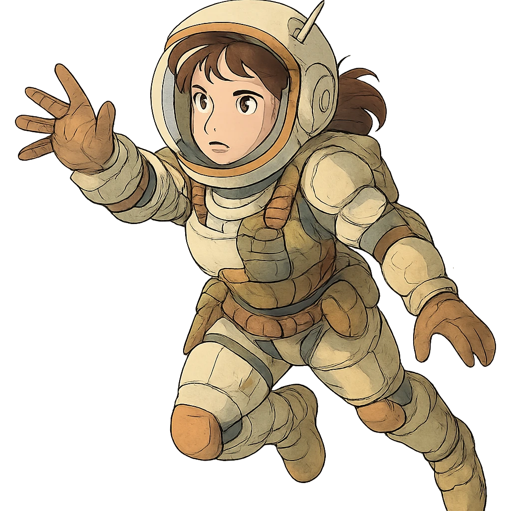 a tactical female space warrior floating in zero-g EVA operations, reaching in front of her emoji