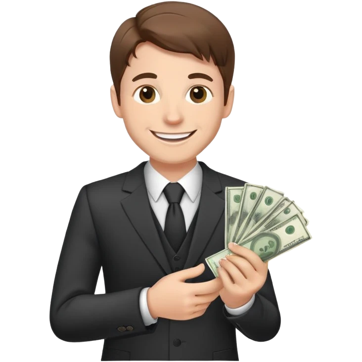 white male in a suit with money in his hand, smiling expression, happy face, brown hair emoji