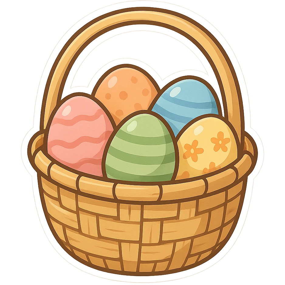 一个竹子编的篮子，篮子里面装着许多复活节的复活蛋 emoji