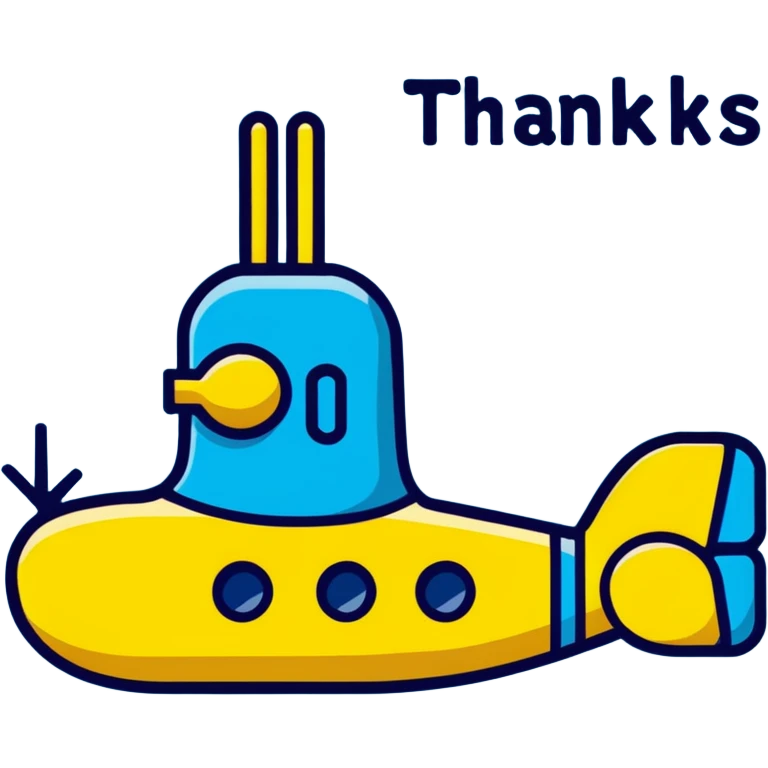 a yellow submarine with 'Thanks' written on the side, cartoon style, bold text emoji