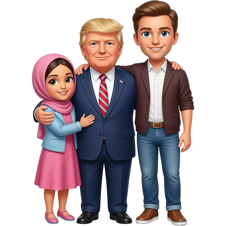 A sister in hijab hugging a father President Donald Trump and his Talller son Barron Trump emoji