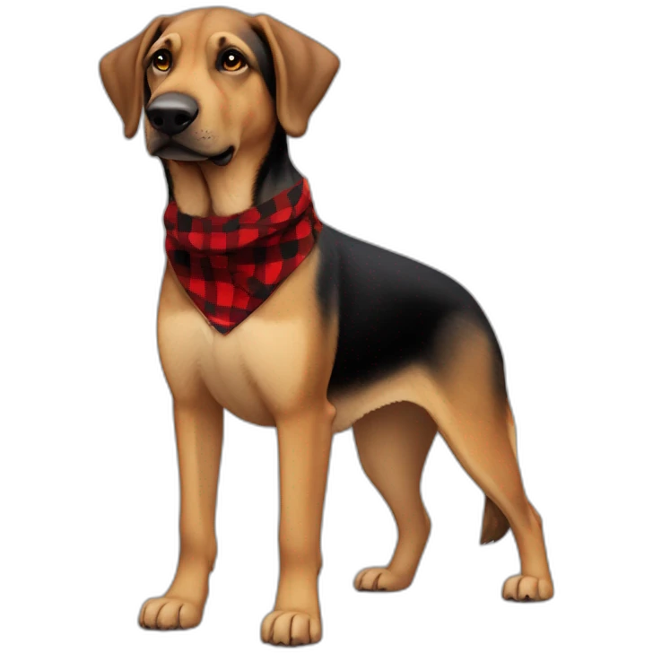 adult 75% Coonhound 25% German Shepherd mix dog with visible tail wearing small pointed red buffalo plaid bandana full body side view emoji