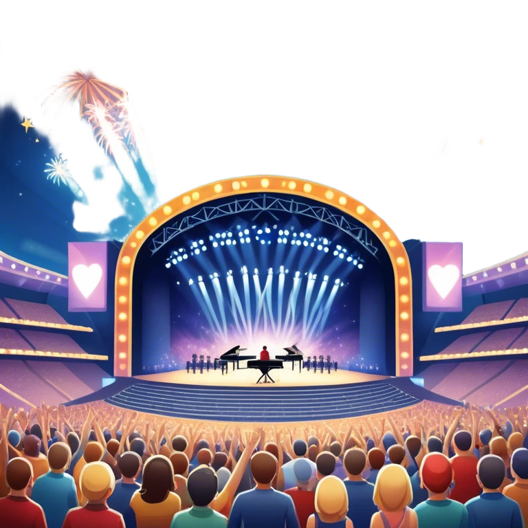An icon showing a stadium stage with a concert in full swing, bright stage lights illuminating the performers, and fireworks bursting in the sky. The excitement of the crowd is palpable, symbolizing a love for live music and unforgettable shows. transparent background. emoji