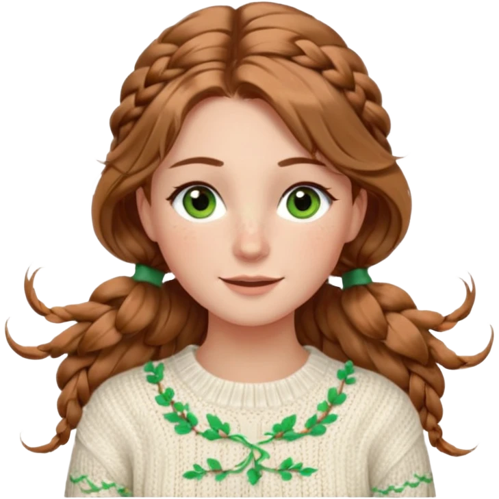 light brown hair hazel/green eyes woman with a white cable knit sweater and one braid down her back  with tendrils of hair flowing down her face and she is happy pale, some freckles, blush. she has a cateye wing and long lashes emoji