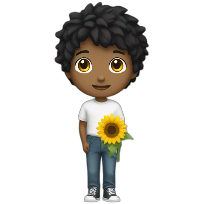 Short black hair boy holding sunflower emoji
