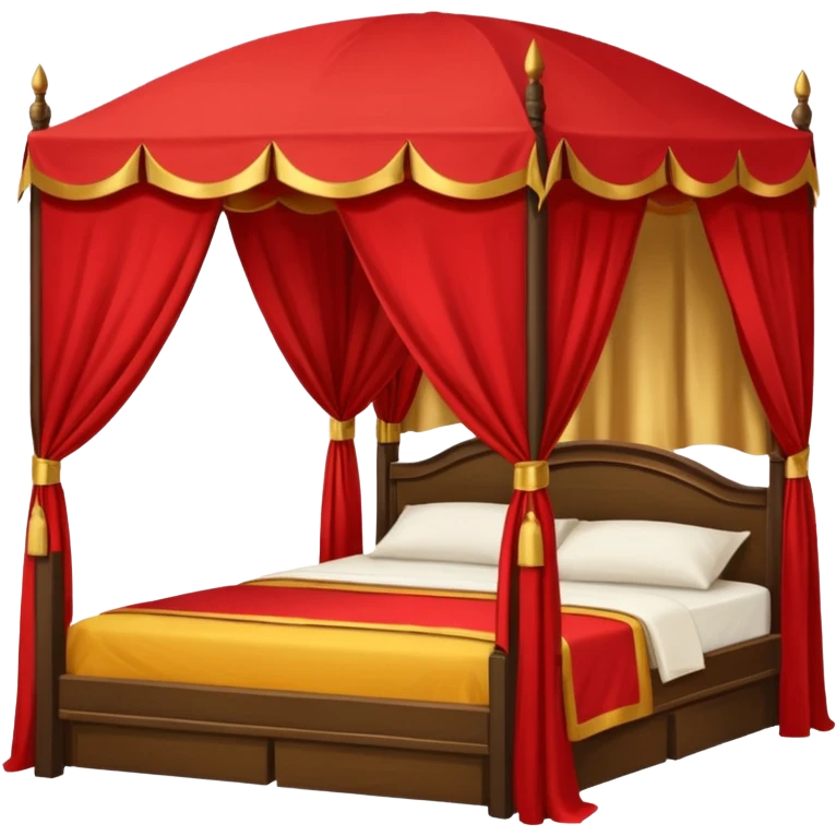 bed with red and gold sheets, wooden, canopy, simple, dark, no-tent emoji