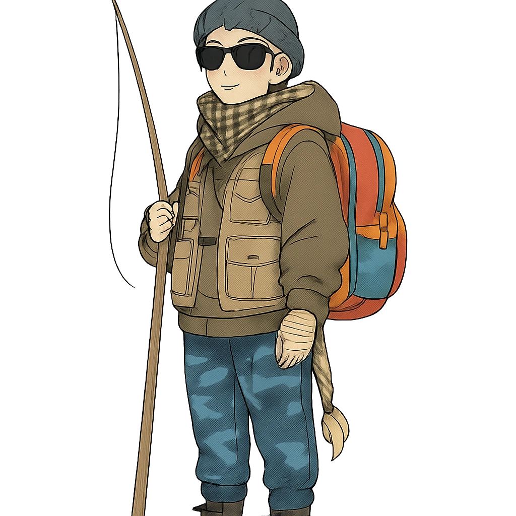 1 female, long white braid, knit cap, dark sunglasses, shemegh neckwrap, fishing vest, vibrant shool backpack, drab hoodie, handwraps, blue camo pants, holding a wooden stick fishing pole, unkempt, stoic emoji