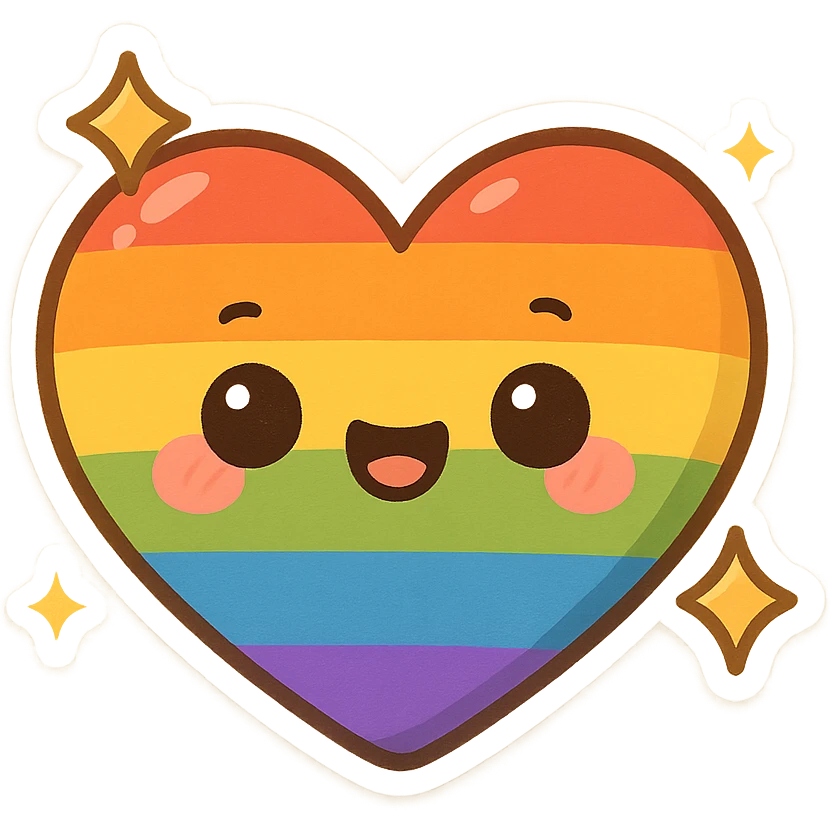 gay pride rainbow heart with cute face and sparkles, chibi style emoji