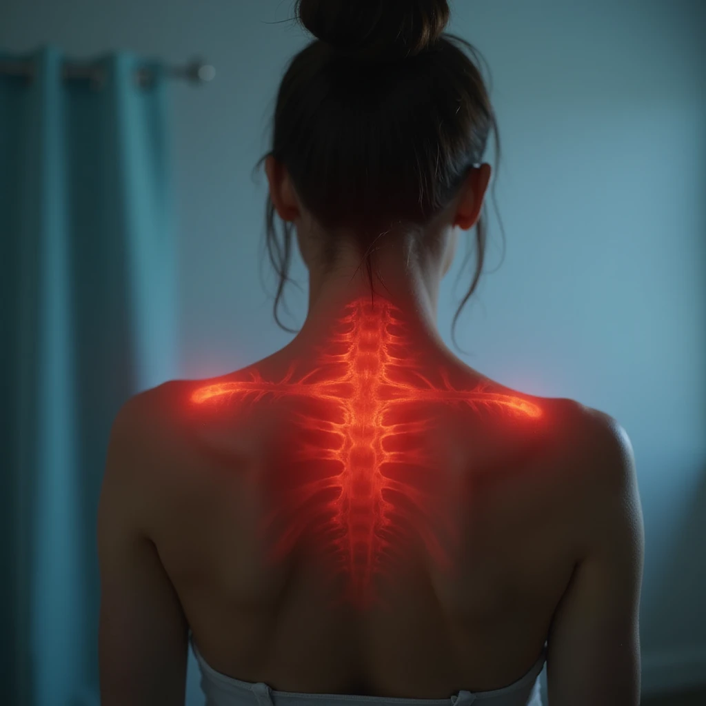 hyperrealistic 4K image of a woman seen from behind with red and inflamed shoulder blades, red skin between and above the shoulder blades, clinical environment, variant 1 emoji