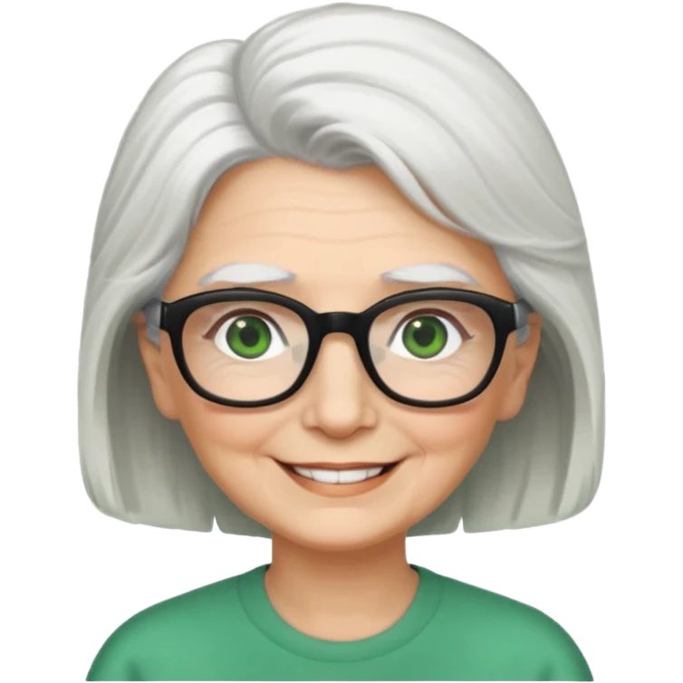 White hair grandma, green eyes, hair to shoulder, lokeg black glasses, rectangles face, smile , emoji